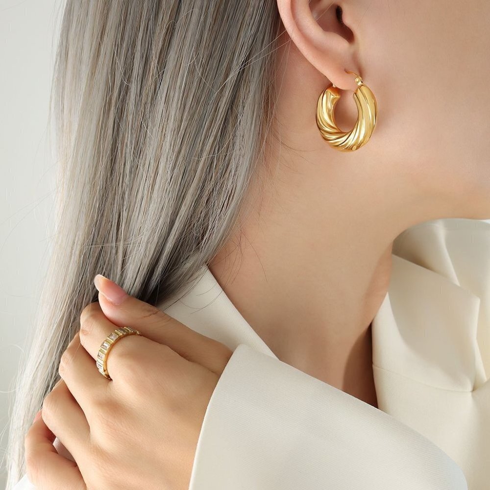 Retro Style Round Titanium Steel Plating 18K Gold Plated Hoop Earrings - Picture 6 of 8